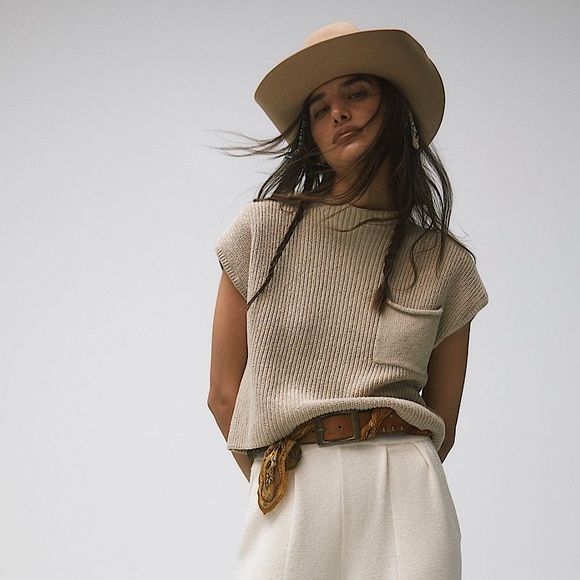 Free People Sweaters - FREE PEOPLE Tan Beige Freya Knit Front Pocket Sleeveless Sweater Size XS